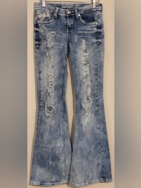 Almost Famous Bell Bottom Flare Jeans Sz 3 Low Rise Distressed 70s